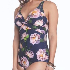 New Betty’s Beach Bungalow Floral Navy One-Piece Swimsuit Size 8